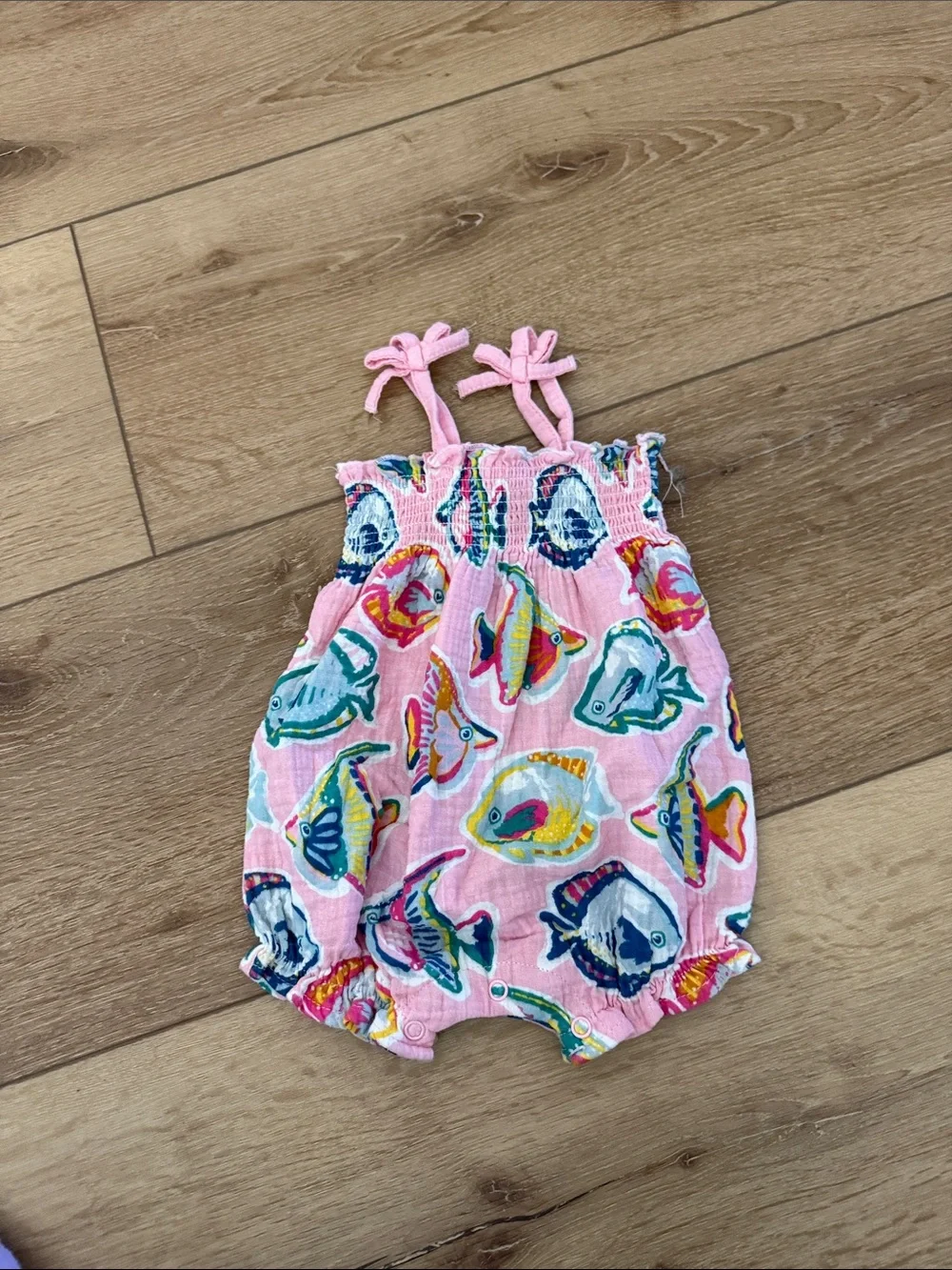 Mud Pie Pink Fish-Print Baby Romper with Tie Straps